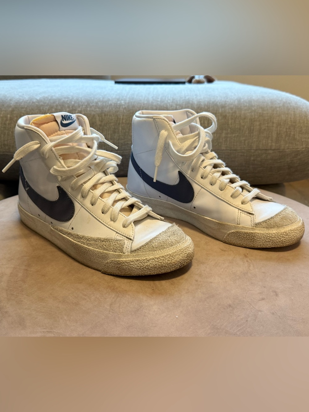 Nike White Sneakers with Navy Swoosh High-Top